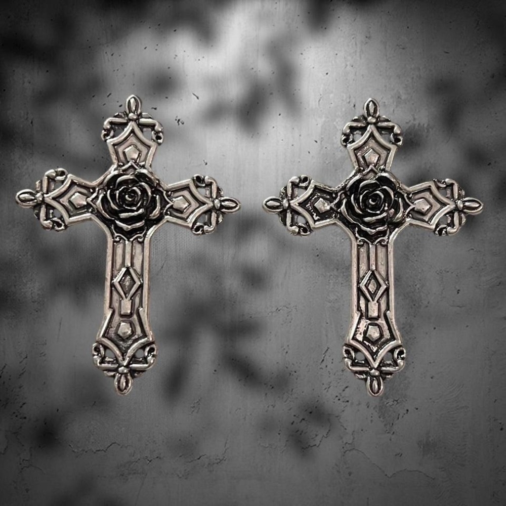 Large Ornate Cross Romantic Goth Rose Center Detail Stud Earrings